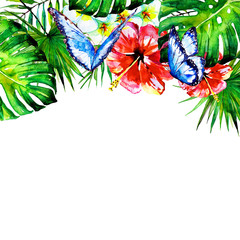 Hawaiian flowers, butterflies, watercolor, exotic plants, isolated on a white