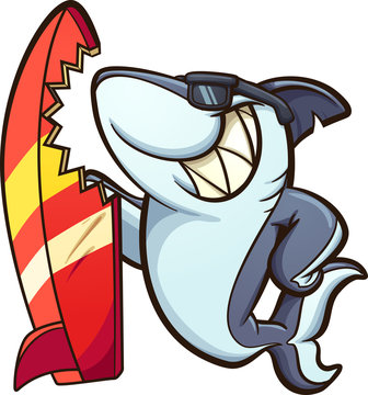 Cartoon shark with sunglasses and a bitten surfboard. Vector clip art illustration with simple gradients. All in a single layer. 