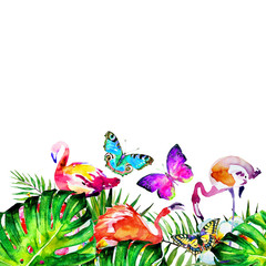 Obraz na płótnie Canvas Hawaiian flowers, butterflies, watercolor, exotic plants, isolated on a white