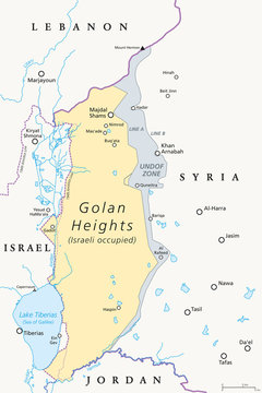 Golan Heights. political map with borders, important places, rivers and Lake Tiberias. A region in the Levant. Area, captured from Syria and occupied by Israel. English labeling. Illustration. Vector.