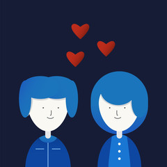 Character of love couple with red heart. Vector design in gradient flat style isolated on dark blue background.