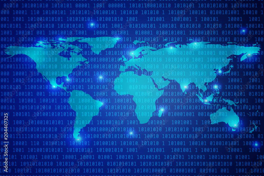 Aufkleber World Map Technology With Decryption and Encryption Binary Number Code Vector Background. Blue Abstract Hi Tech Digital Planet Location Concept Pattern Design.