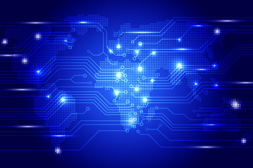 Circuit Board Communication Technology Innovation Concept Vector Background. Blue Hi Tech Dots World Map Texture Pattern Idea.