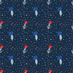 Hand drawn blue and red flowers seamless pattern