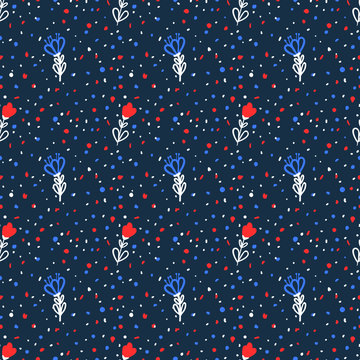 Hand Drawn Blue And Red Flowers Seamless Pattern