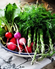 On the wooden table is a young radish and fresh herbs. On the plate