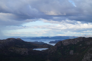 Panorama from the top of Dalsnuten to the fjords and mountain lake