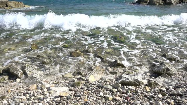 Water from sea hitting against rocks, slow motion