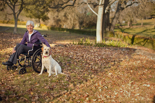 Portrait of a smiling senior woman sitting in a wheelchair next to her dog in a park.