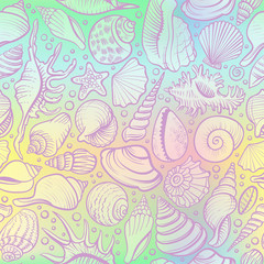 Fototapeta na wymiar Seashells vector seamless pattern on the holograram background.
