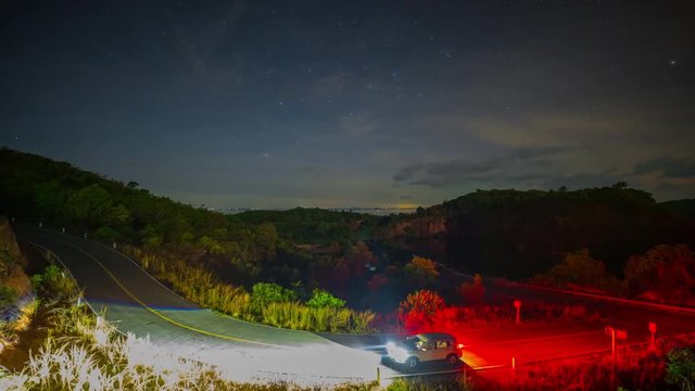 4k Timelpase of Milkyway and Star in Night Scene at Top of Mountain with Traffic Road