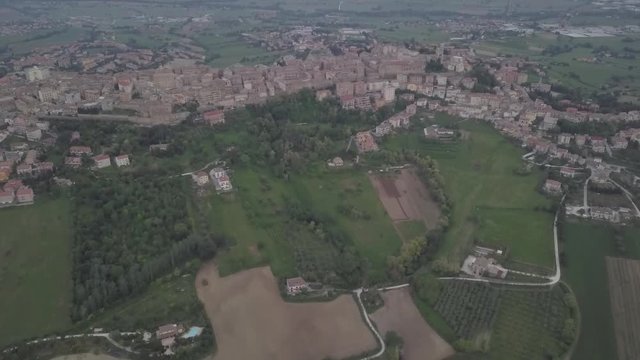 Aerial view of the municipality of Osimo, in the province of Ancona, in the Marche region, in Italy. The historic center with its walls, roofs, squares is a mountain tourist destination.