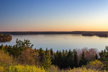 Sunset over Mälaren in Stockholm at the top of Brukets ski slope