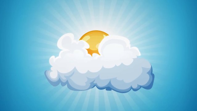 Cartoon Sun And Cloud Loop/
Funny blue Summer sky with animated cartoon sun and cloud, and sunbeams rotating behind