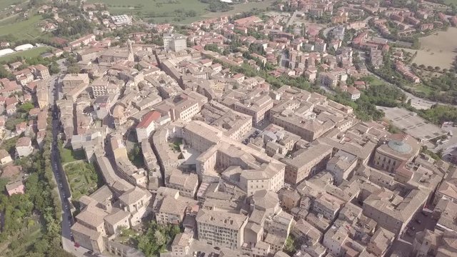 Aerial view of the municipality of Osimo, in the province of Ancona, in the Marche region, in Italy. The historic center with its walls, roofs, squares is a mountain tourist destination.