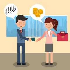 businessman and businesswoman talking with coffee cup vector illustration