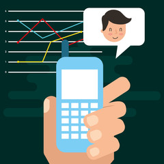 hand holding smartphone character in speech bubble vector illustration