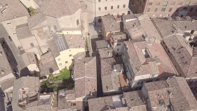 Aerial view of the municipality of Osimo, in the province of Ancona, in the Marche region, in Italy. The historic center with its walls, roofs, squares is a mountain tourist destination.