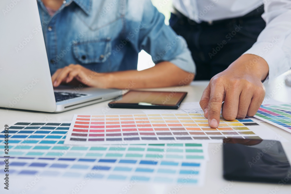 Poster two young interior design or graphic designer working on project of architecture drawing with work t