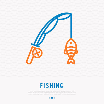 Fishing rod with fish on hook thin line icon. Modern vector illustration.