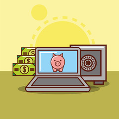 laptop with piggy bank safe box and banknote vector illustration