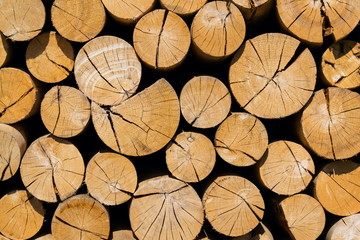 Pile of worked wooden roundish clear beautiful logs, stacked firewood background, view at saw cut,...