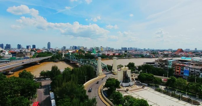 Phra Phuttha Yodfa Bridge, Memorial Bridge Bangkok Thailanl; Aerial view on the Chao Phraya River