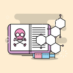 science laboratory research open book sample syringe vector illustration