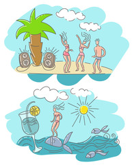 People relax at the sea and beach party. Creative illustration in the style of a cartoon, flat. Vector set