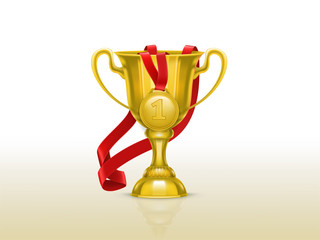 Vector realistic illustration of golden goblet and medal with red ribbon isolated on background. Winner cup for first place, champion trophy, award for win in sport games, super prize for achievements