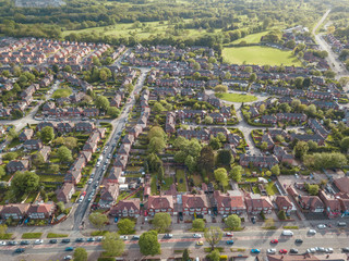 Residential houses drone above aerial view blue sky with park and greenery 