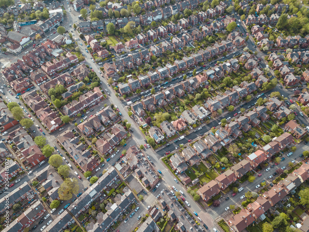 Wall mural residential houses drone above aerial view blue sky with park and greenery