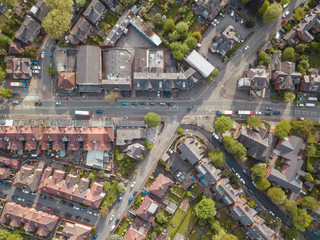 Residential houses drone above aerial view blue sky with park and greenery 