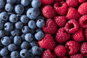  Ripe and juicy fresh blueberies and raspberies .
