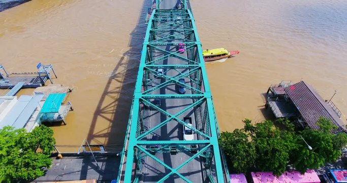 Phra Phuttha Yodfa Bridge, Memorial Bridge Bangkok Thailanl; Aerial view on the Chao Phraya River