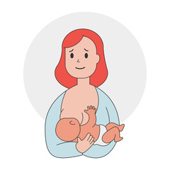 Mother breastfeeding her newborn baby. Vector cartoon flat illustration of a cute woman feeds a child.
