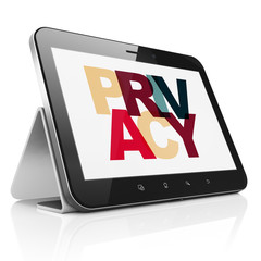 Protection concept: Tablet Computer with Painted multicolor text Privacy on display, 3D rendering