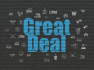 Business concept: Painted blue text Great Deal on Black Brick wall background with  Hand Drawn Business Icons