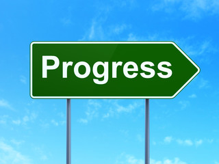 Finance concept: Progress on green road highway sign, clear blue sky background, 3D rendering