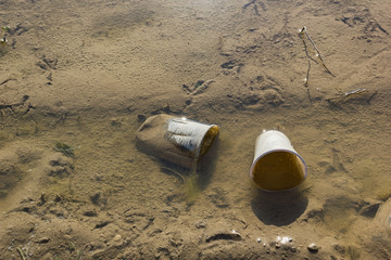 Obraz premium Plastic cups dumped in shallow waters on a sandy beach