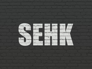 Stock market indexes concept: Painted white text SEHK on Black Brick wall background
