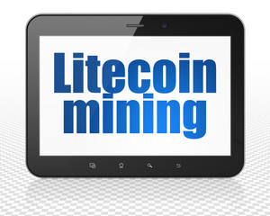 Blockchain concept: Tablet Pc Computer with blue text Litecoin Mining on display, 3D rendering