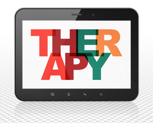 Healthcare concept: Tablet Pc Computer with Painted multicolor text Therapy on display, 3D rendering