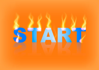 Word START with flames on the orange background. Vector illustration.