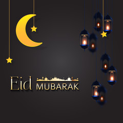 Eid mubarak vector banner, text in middle with lantern and Mosque. Eid mubarak ads, flyer, invitation, greeting card. Islamic background.