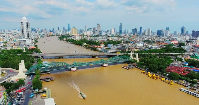 Phra Phuttha Yodfa Bridge, Memorial Bridge Bangkok Thailanl; Aerial view on the Chao Phraya River
