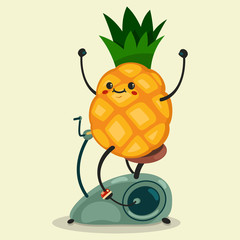 Cute Pineapple makes exercise on a stationary bike. Eating healthy and fitness. Retro flat concept illustration.