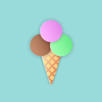 Vector illustration, ice cream cone with a brown, green and pink ball in the horn in papercut style with transparent shadows isolated on blue background