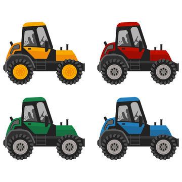 Tractor red, blue, yellow and green colors vector flat icons set. Illustration of a farm truck isolated on white background.