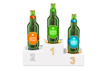 Beer ratings concept. Winners podium with glass beer bottles, 3D rendering